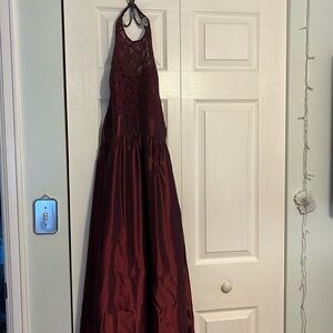 maroon long dress with lace halter